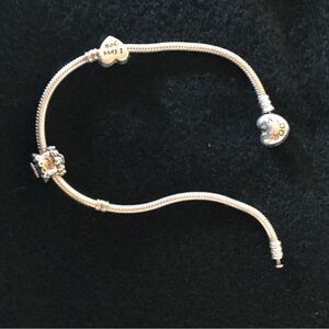 Vintage 9" Pandora 925 ale SS Bracelet with Heart and Retired Birthday Charm